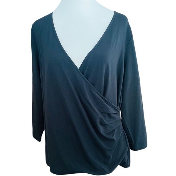 Chico’s black Surplice faux wrap top with side ruching, 3/4 sleeves sz 2 (12/L) - Picture 1 of 6